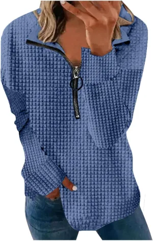 Half Zip Sweatshirt Women 1/2 Zipper Oversized Waffle Quilted Pattern Cropped Pullover Fall Winter Tops
