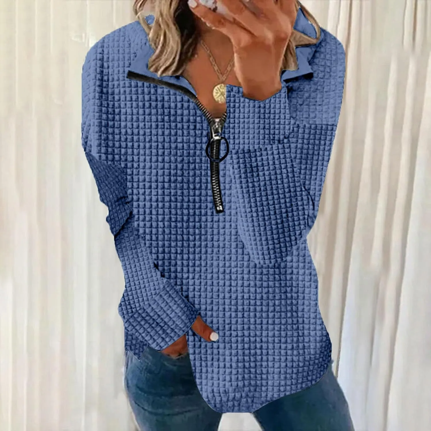 Half Zip Sweatshirt Women 1/2 Zipper Oversized Waffle Quilted Pattern Cropped Pullover Fall Winter Tops