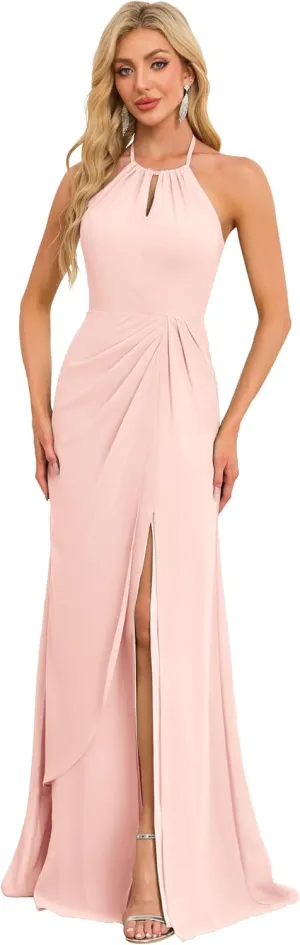Halter Bridesmaid Dresses Mermaid Prom Dress Long for Women Ruched Formal Dress Evening Gown with Slit P127
