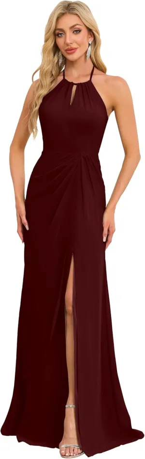 Halter Bridesmaid Dresses Mermaid Prom Dress Long for Women Ruched Formal Dress Evening Gown with Slit P127