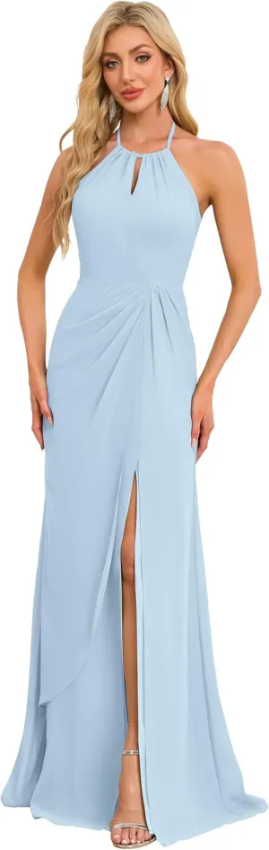 Halter Bridesmaid Dresses Mermaid Prom Dress Long for Women Ruched Formal Dress Evening Gown with Slit P127