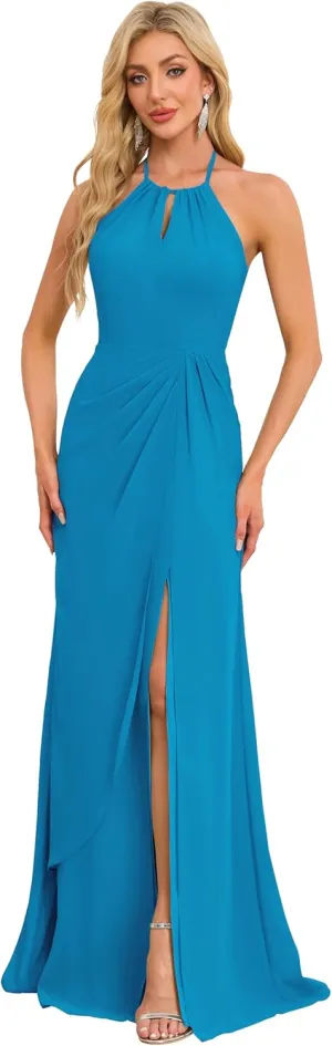 Halter Bridesmaid Dresses Mermaid Prom Dress Long for Women Ruched Formal Dress Evening Gown with Slit P127