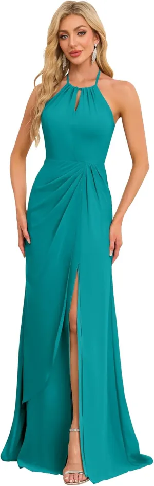 Halter Bridesmaid Dresses Mermaid Prom Dress Long for Women Ruched Formal Dress Evening Gown with Slit P127