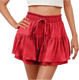 High Waisted Summer Shorts for Women 2025 Casual Ruffle Layer Flowy Skort Shorts Trendy Drawstring Beach Short Pants