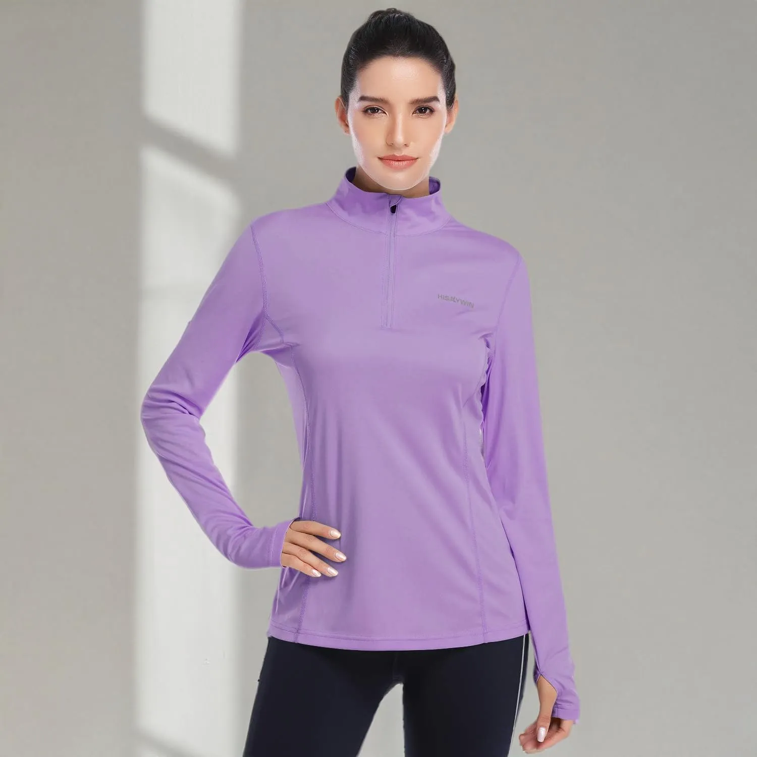 HISKYWIN Womens UPF 50  Sun Protection Tops Long Sleeve Half-Zip Thumb Hole Outdoor Workout Shirt