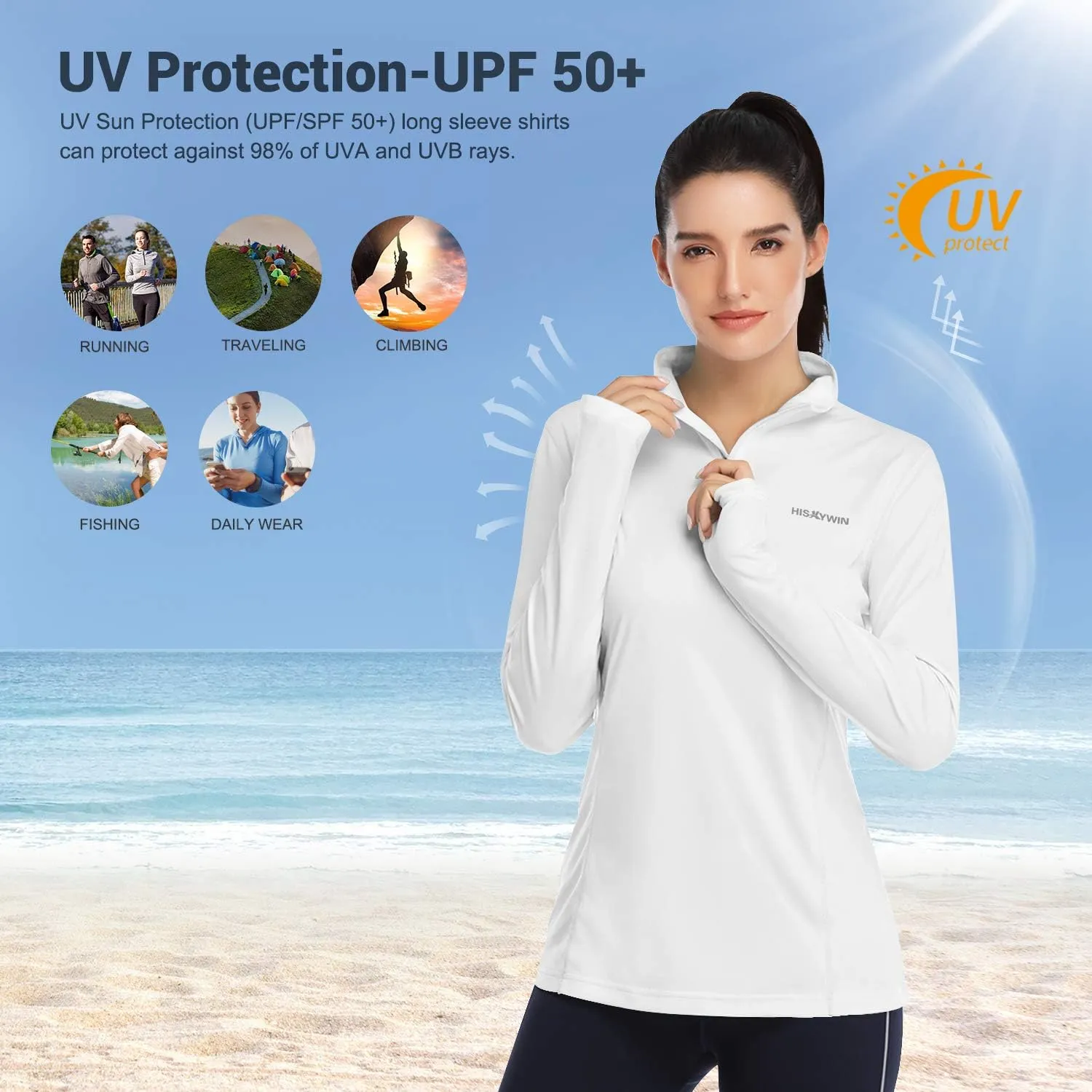 HISKYWIN Womens UPF 50  Sun Protection Tops Long Sleeve Half-Zip Thumb Hole Outdoor Workout Shirt