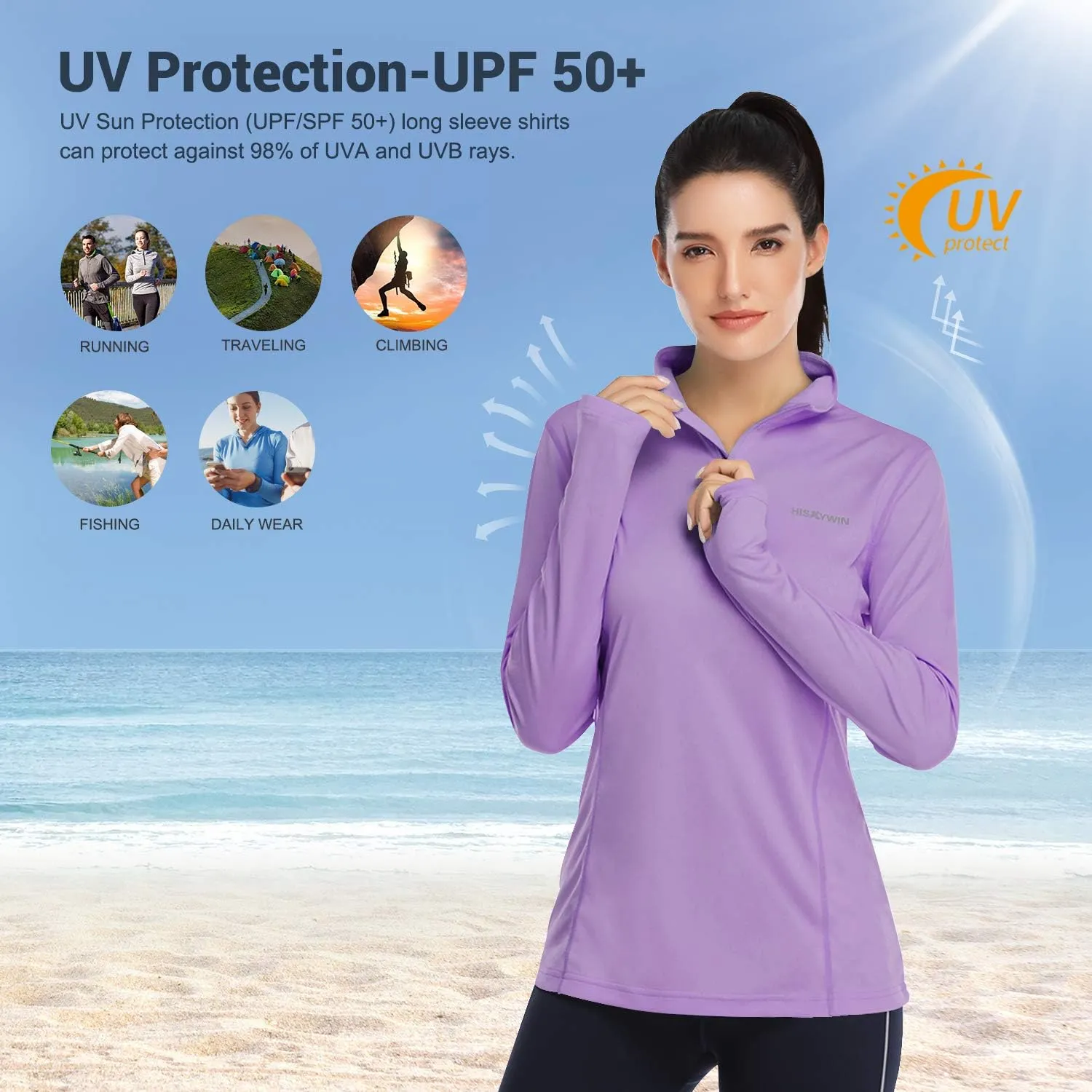 HISKYWIN Womens UPF 50  Sun Protection Tops Long Sleeve Half-Zip Thumb Hole Outdoor Workout Shirt