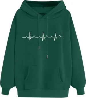 Hooded Sweatshirts for Women Cute Heart Print Hoodies Funny Graphic Long Sleeve Pullover Tops With Pockets