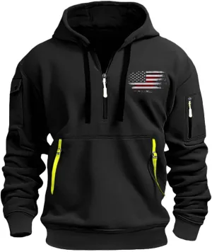 Hoodies for Men Quarter-Zip Pullover Tactical Sweatshirt USA Flag Print Vintage Casual Fashion Hoodie With Pockets