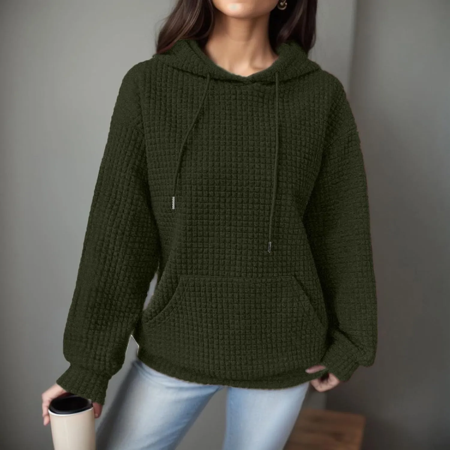 Hoodies for Women Waffle Knit Cute Hoodies Drawstring Pullover Sweatshirts Fashion Casual Sweaters Comfy Fall Clothes Outfits
