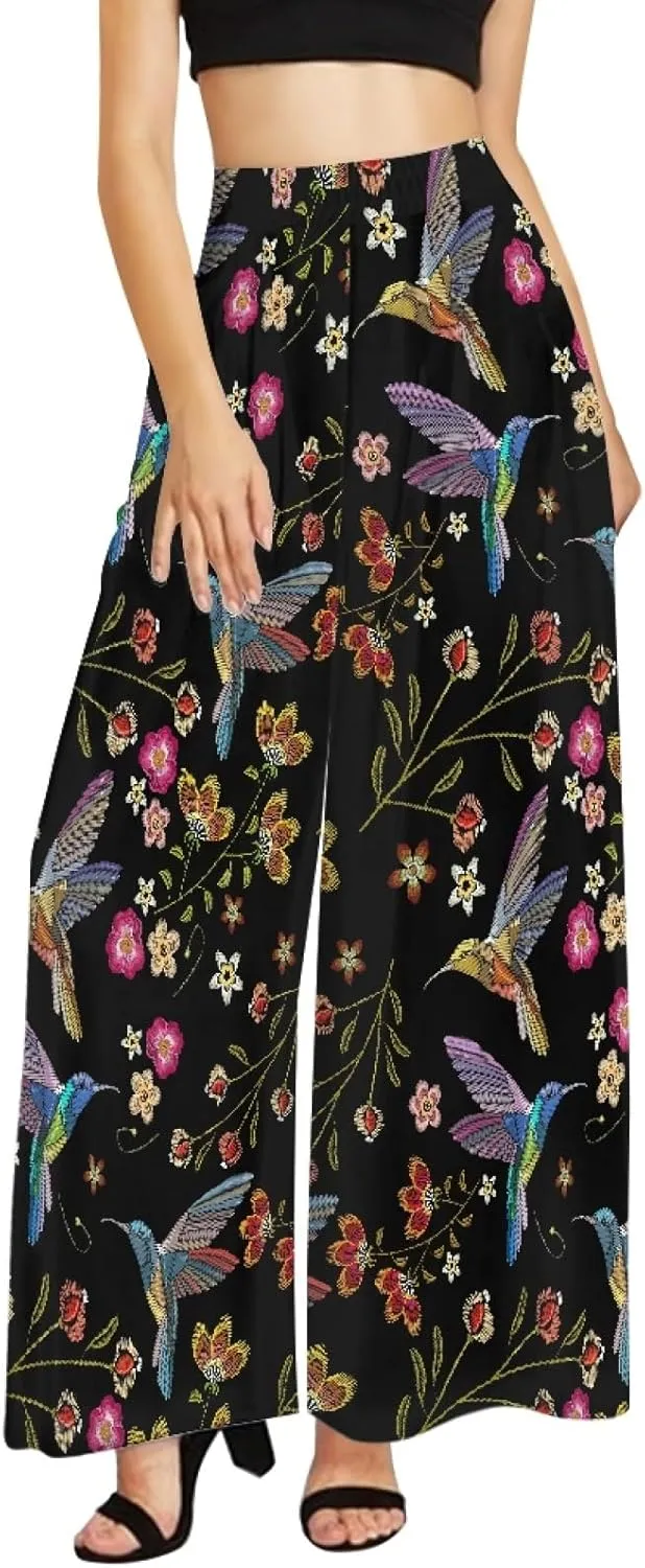 Irisjudy Women's Casual Lounge Pants Plus Size 3XL, Tropical Floral Comfy Stretchy Wide Leg Palazzo Pants Loose Home Legging