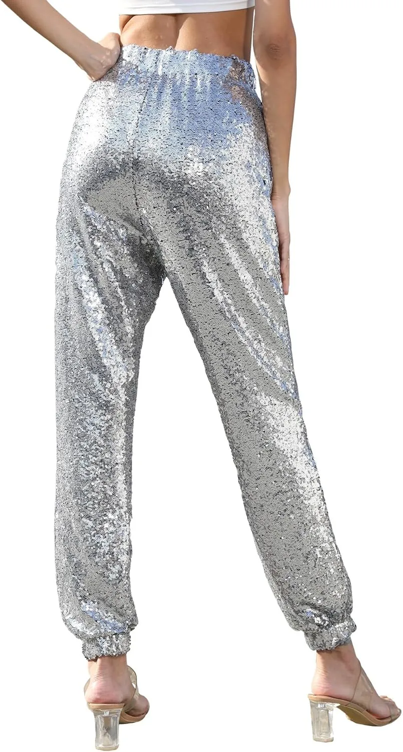 J&DHUASHA Womens Casual Sparkly Sequin Pants High Waist Glitter Joggers Pants Bling Party Skinny Pants