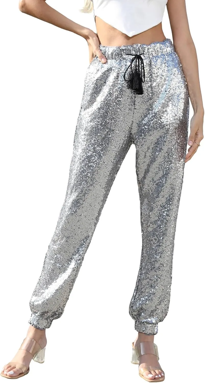 J&DHUASHA Womens Casual Sparkly Sequin Pants High Waist Glitter Joggers Pants Bling Party Skinny Pants
