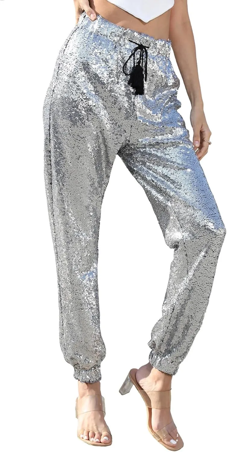 J&DHUASHA Womens Casual Sparkly Sequin Pants High Waist Glitter Joggers Pants Bling Party Skinny Pants