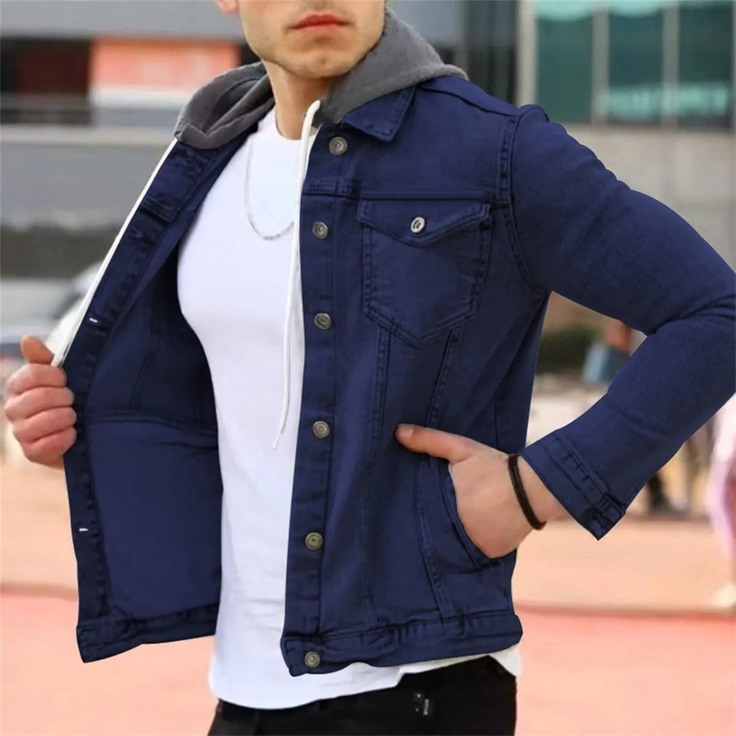JEShifangjiusu Men'S Denim Hoodie Military Jacket Casual Slim Fit Button Down Jeans Coat Fashion Winter Denim Trucker Jacket