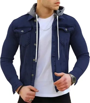 JEShifangjiusu Men'S Denim Hoodie Military Jacket Casual Slim Fit Button Down Jeans Coat Fashion Winter Denim Trucker Jacket