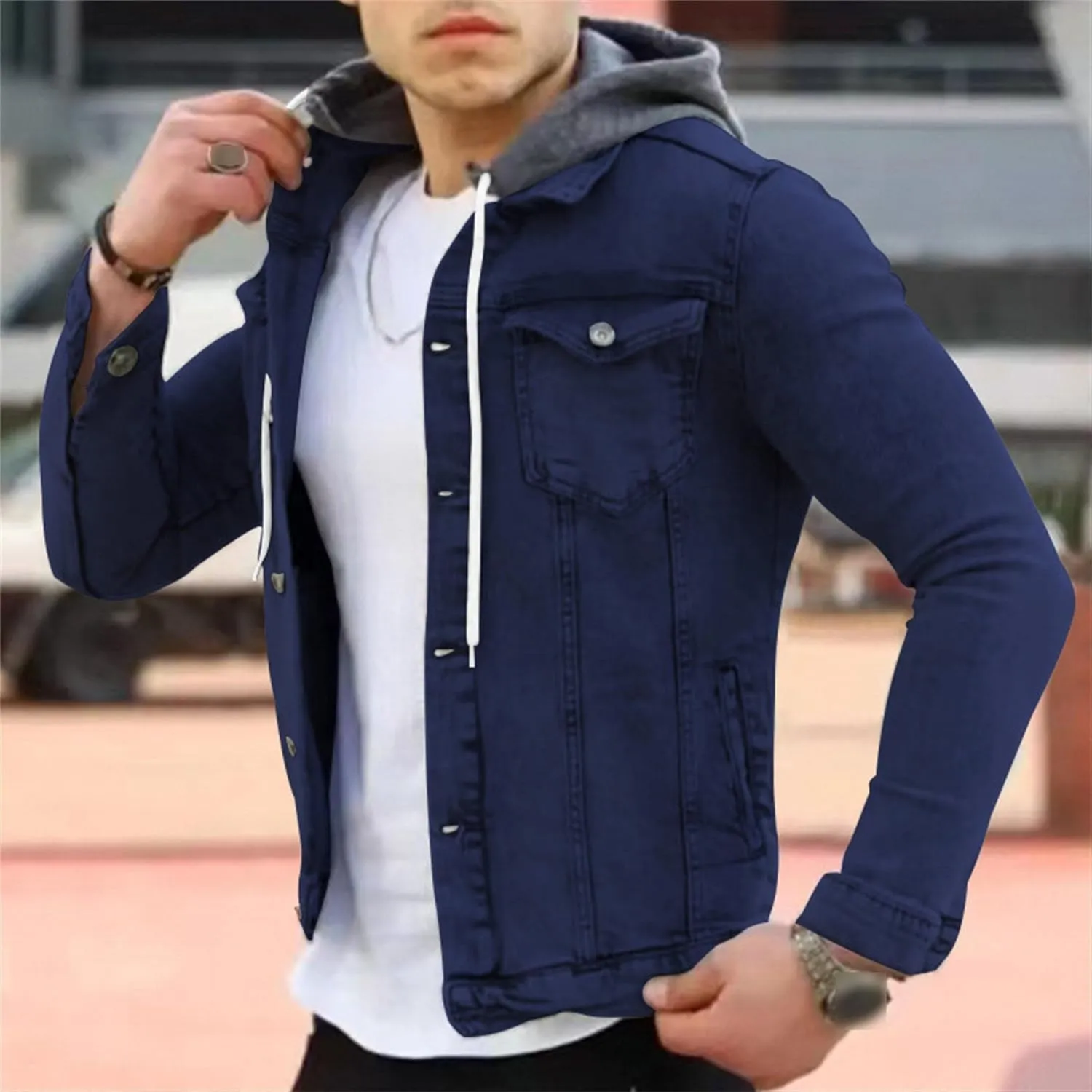 JEShifangjiusu Men'S Denim Hoodie Military Jacket Casual Slim Fit Button Down Jeans Coat Fashion Winter Denim Trucker Jacket