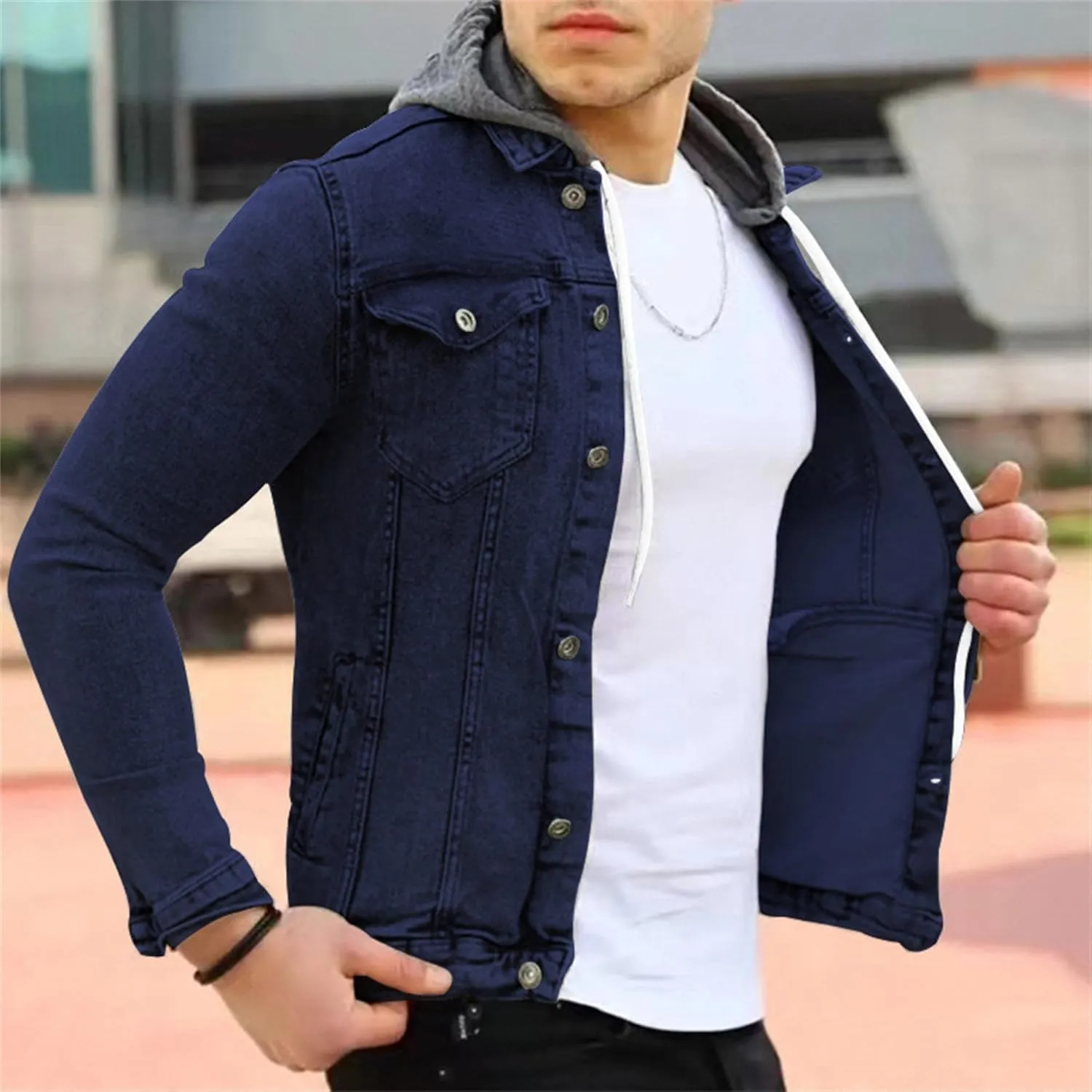 JEShifangjiusu Men'S Denim Hoodie Military Jacket Casual Slim Fit Button Down Jeans Coat Fashion Winter Denim Trucker Jacket