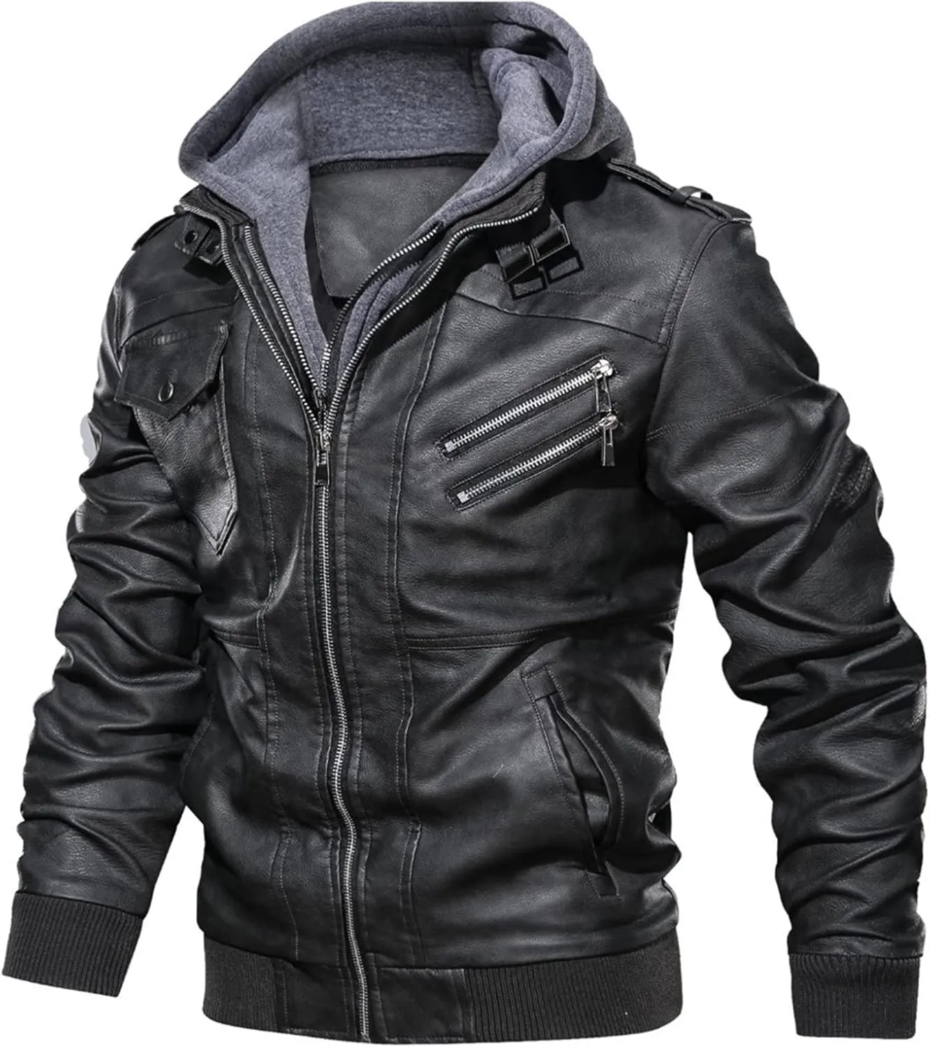 JEShifangjiusu Men'S Faux Leather Bomber Jacket Casual Warm Winter Zip-Up Coat Outwears With Removable Hood Motorcycle Jacket