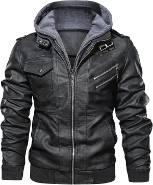 JEShifangjiusu Men'S Faux Leather Bomber Jacket Casual Warm Winter Zip-Up Coat Outwears With Removable Hood Motorcycle Jacket