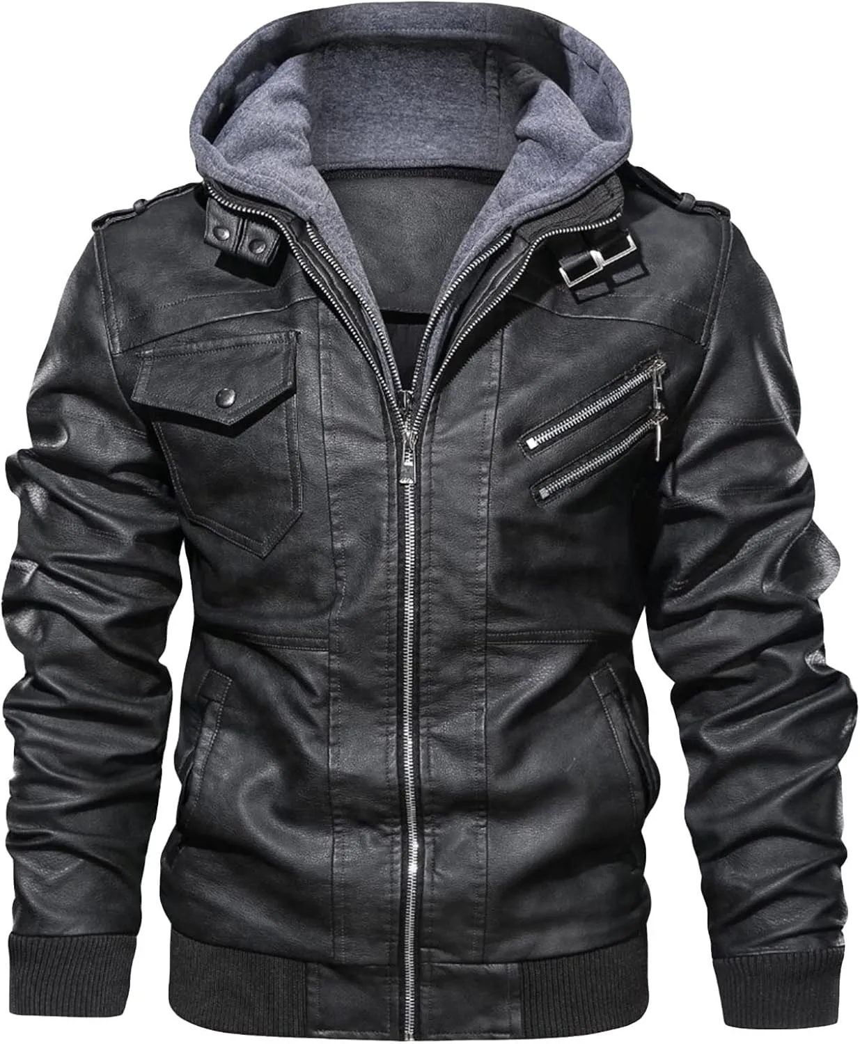 JEShifangjiusu Men'S Faux Leather Bomber Jacket Casual Warm Winter Zip-Up Coat Outwears With Removable Hood Motorcycle Jacket