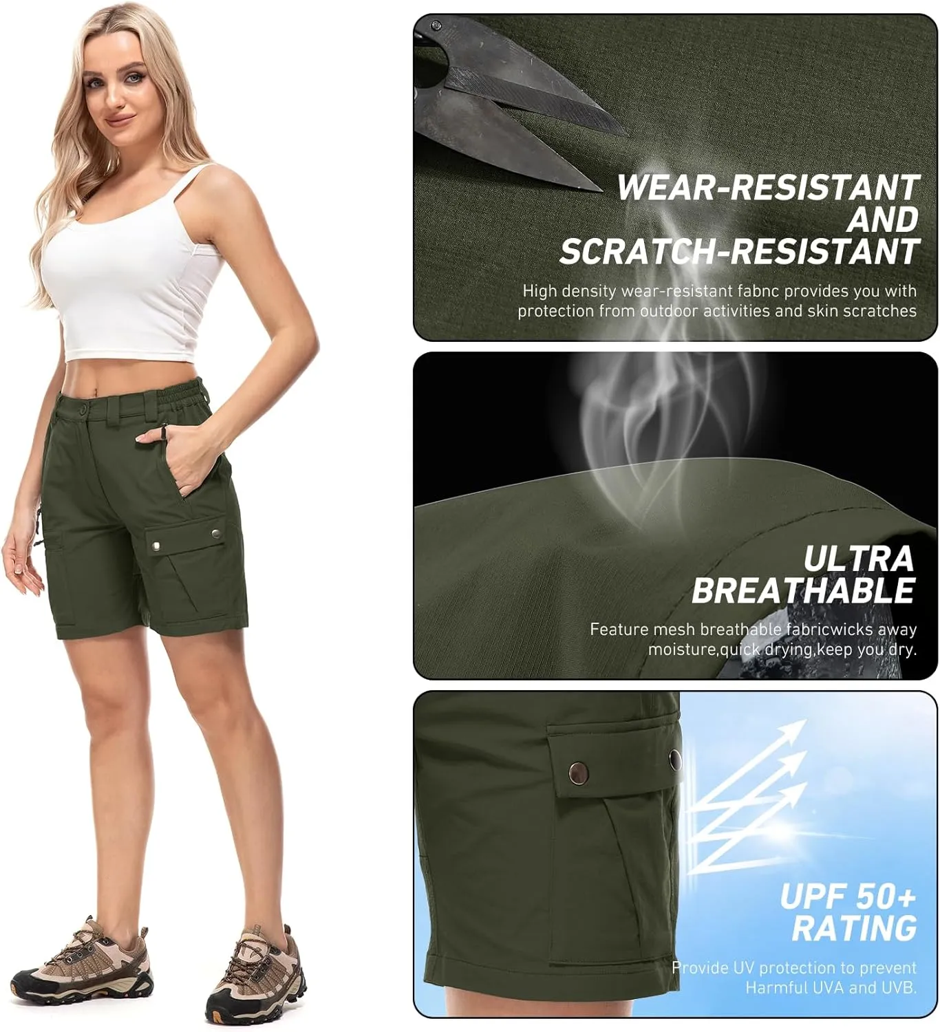 Jessie Kidden Womens Stretch Cargo Hiking Shorts Quick Dry Elastic Waist 7" Casual Shorts for Women