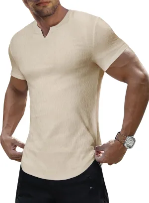 JMIERR Mens Muscle Slim T Shirt Texture V Neck Longline Henley Gym Workout Athletic Tee Shirts