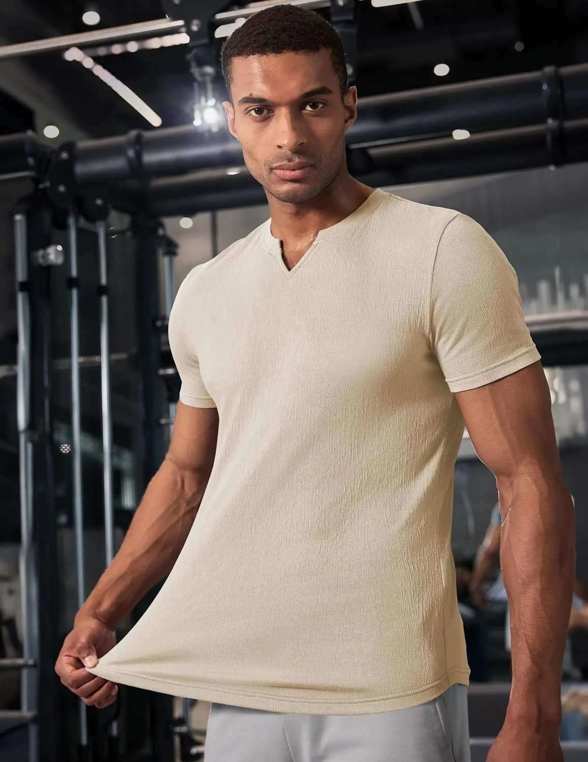JMIERR Mens Muscle Slim T Shirt Texture V Neck Longline Henley Gym Workout Athletic Tee Shirts