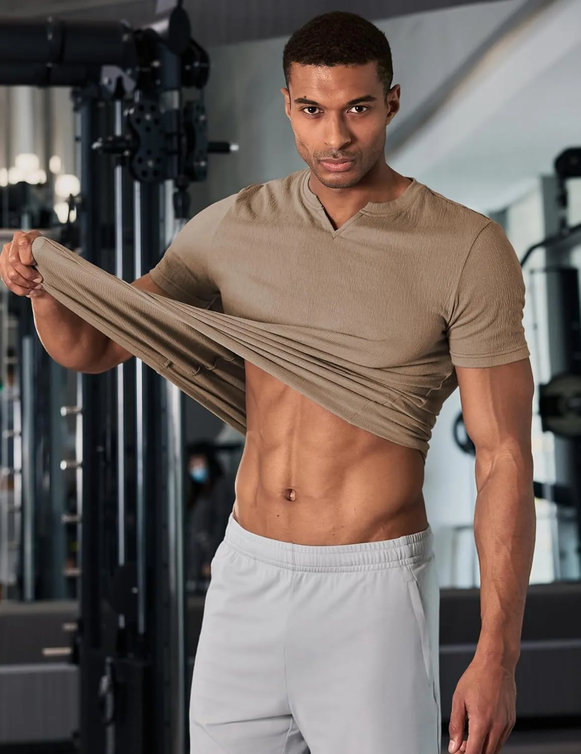 JMIERR Mens Muscle Slim T Shirt Texture V Neck Longline Henley Gym Workout Athletic Tee Shirts