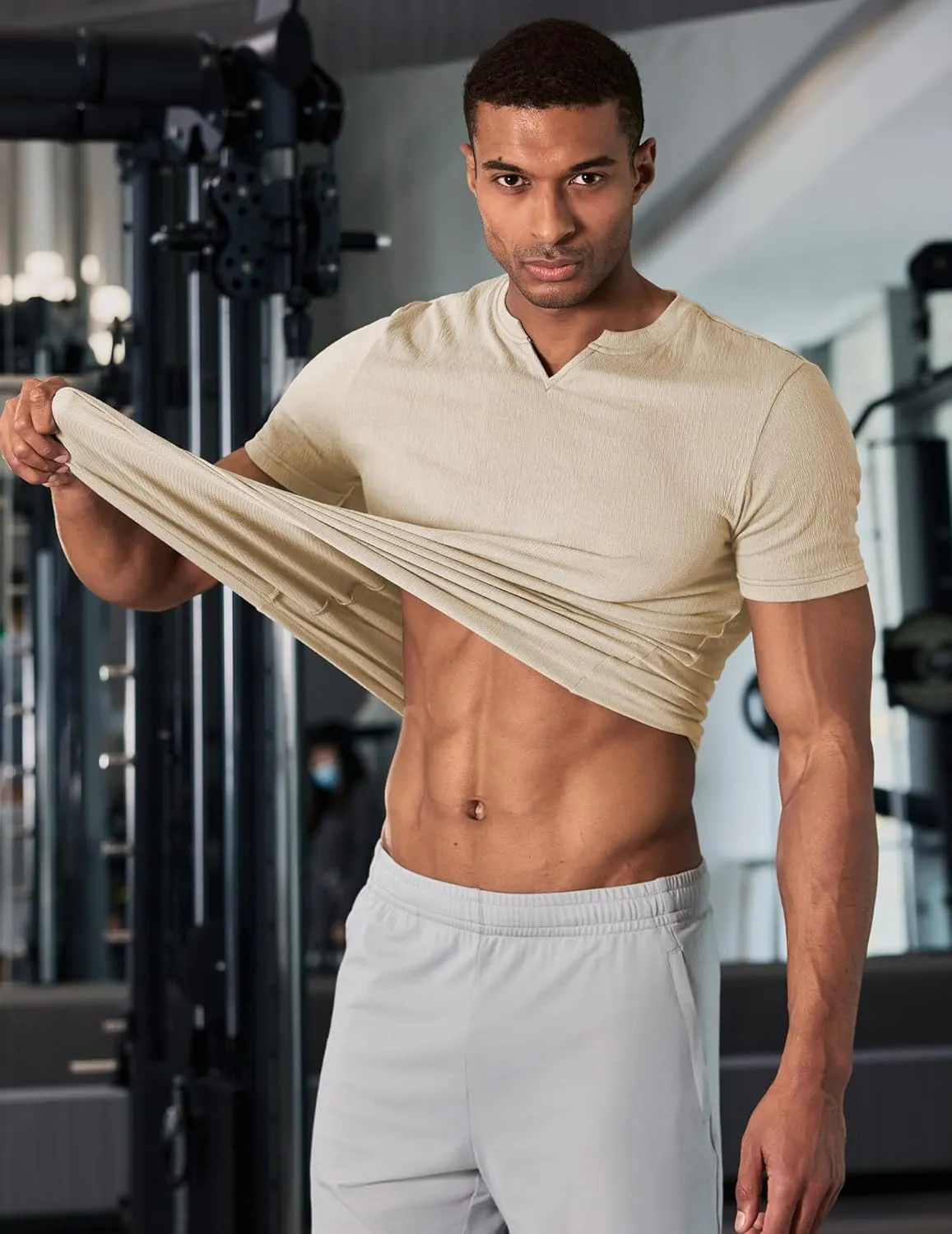 JMIERR Mens Muscle Slim T Shirt Texture V Neck Longline Henley Gym Workout Athletic Tee Shirts