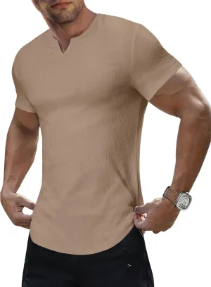 JMIERR Mens Muscle Slim T Shirt Texture V Neck Longline Henley Gym Workout Athletic Tee Shirts