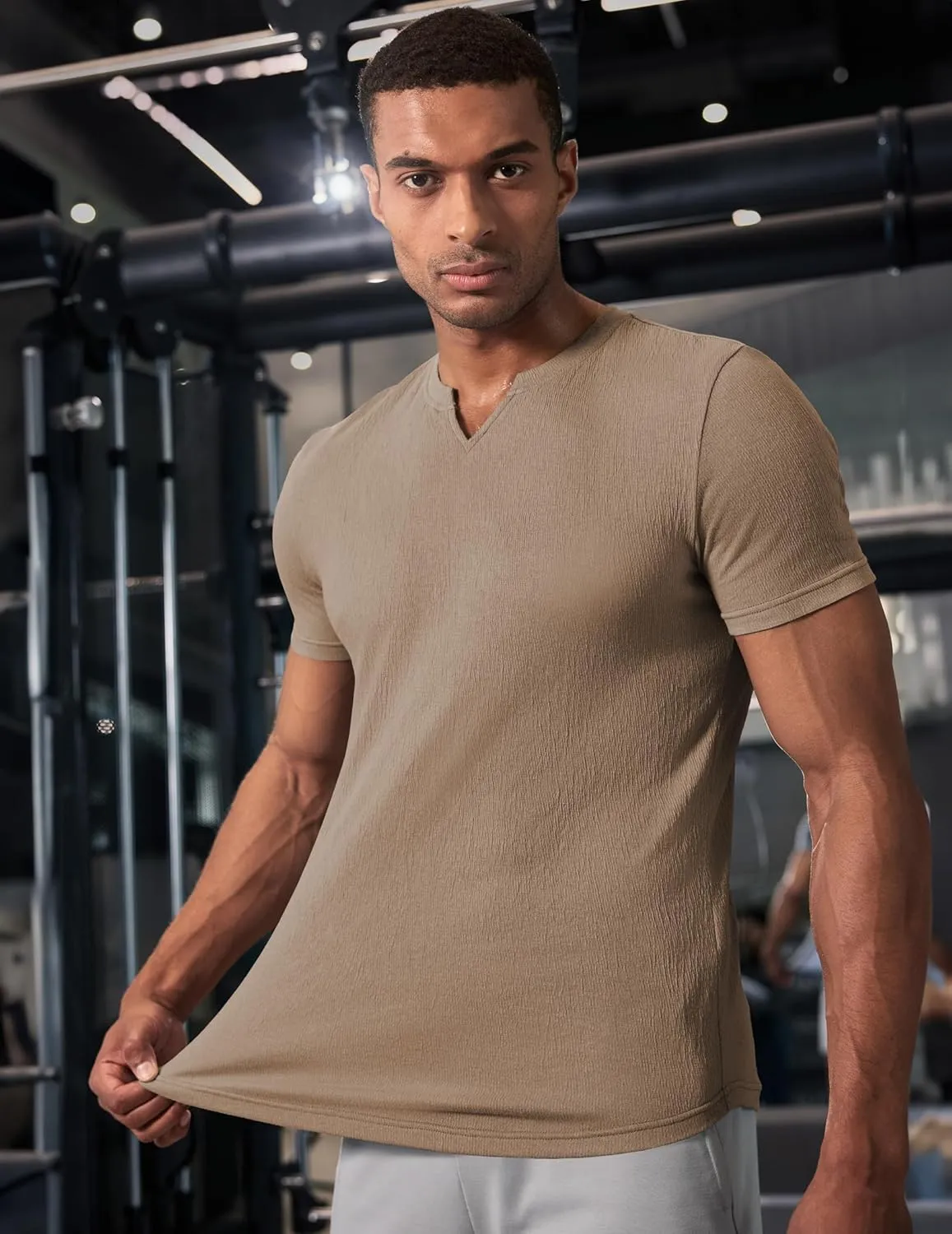 JMIERR Mens Muscle Slim T Shirt Texture V Neck Longline Henley Gym Workout Athletic Tee Shirts