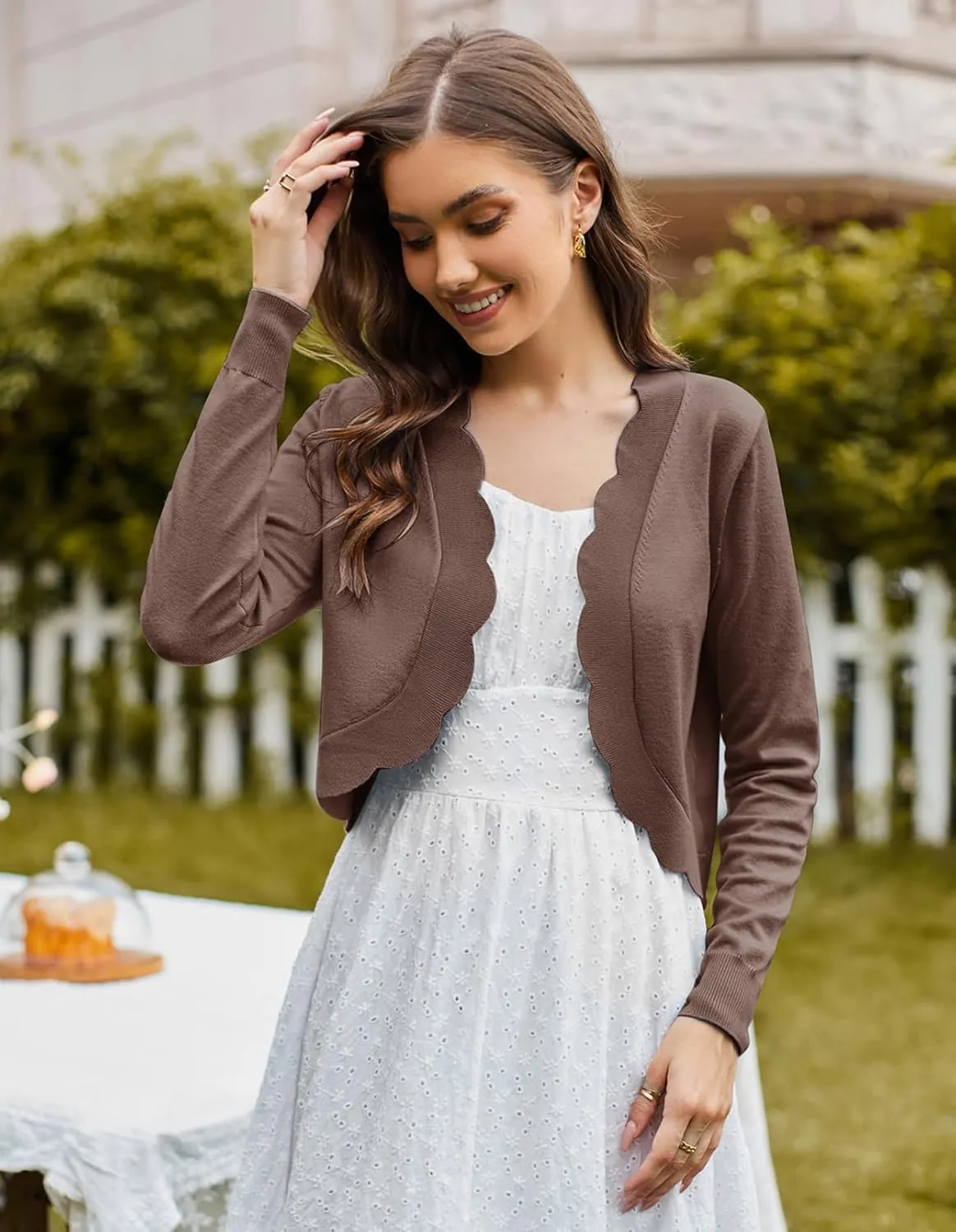 KANCY KOLE Women's Cropped Cardigan Scalloped Bolero Sweater Lightweight Knit Shrugs for Dresses S-XXL