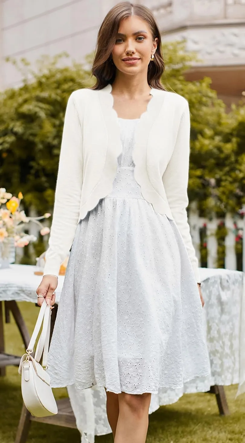 KANCY KOLE Women's Cropped Cardigan Scalloped Bolero Sweater Lightweight Knit Shrugs for Dresses S-XXL