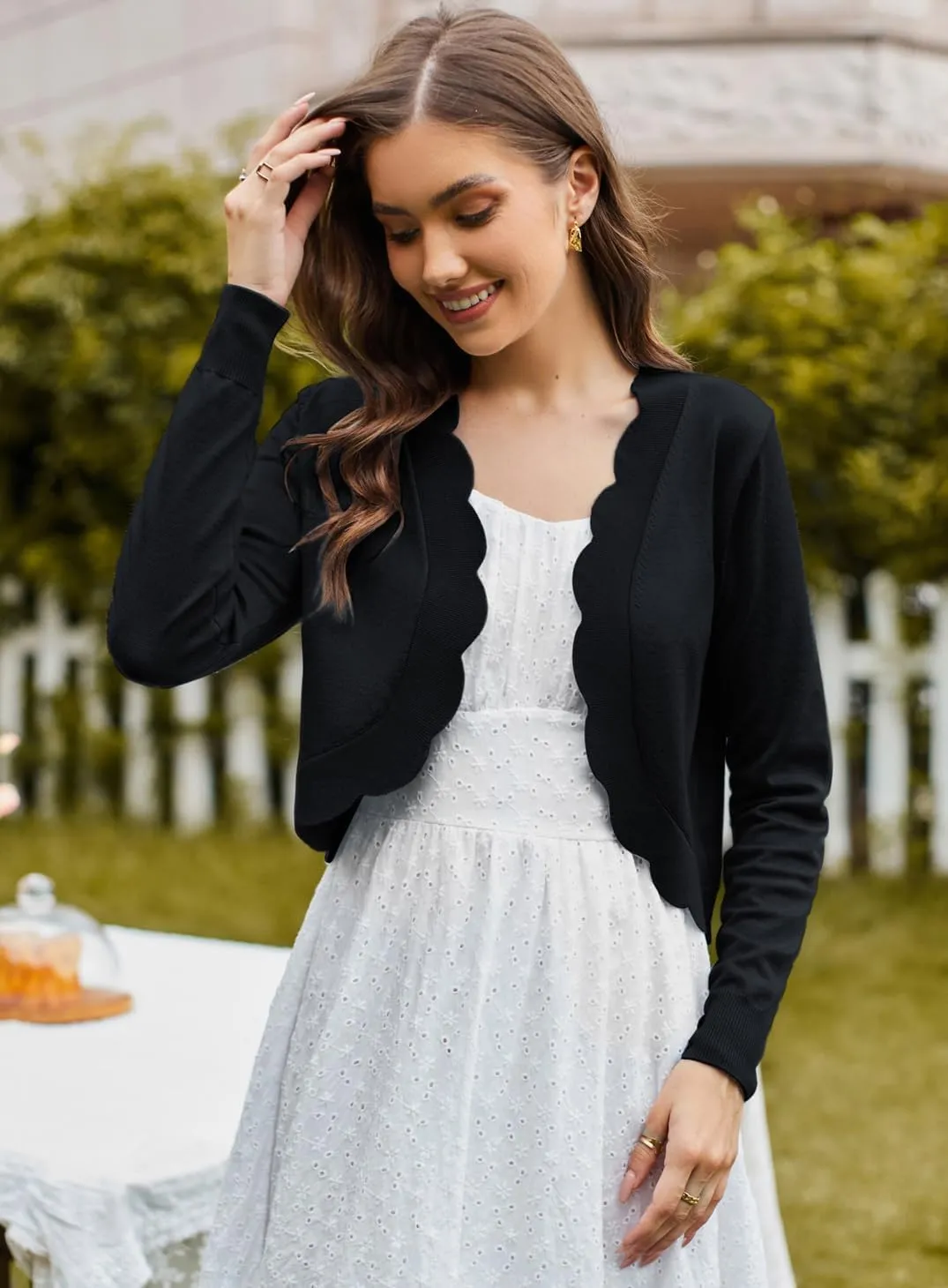 KANCY KOLE Women's Cropped Cardigan Scalloped Bolero Sweater Lightweight Knit Shrugs for Dresses S-XXL