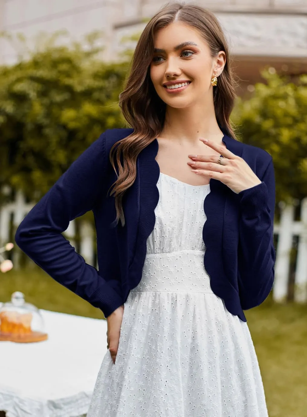 KANCY KOLE Women's Cropped Cardigan Scalloped Bolero Sweater Lightweight Knit Shrugs for Dresses S-XXL