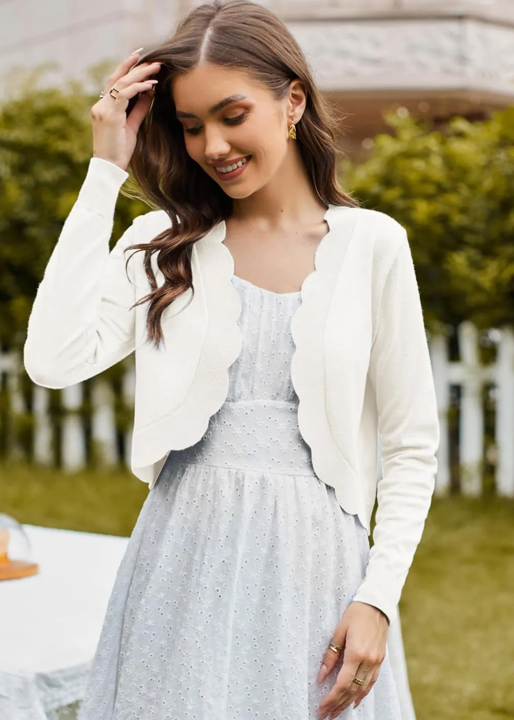KANCY KOLE Women's Cropped Cardigan Scalloped Bolero Sweater Lightweight Knit Shrugs for Dresses S-XXL