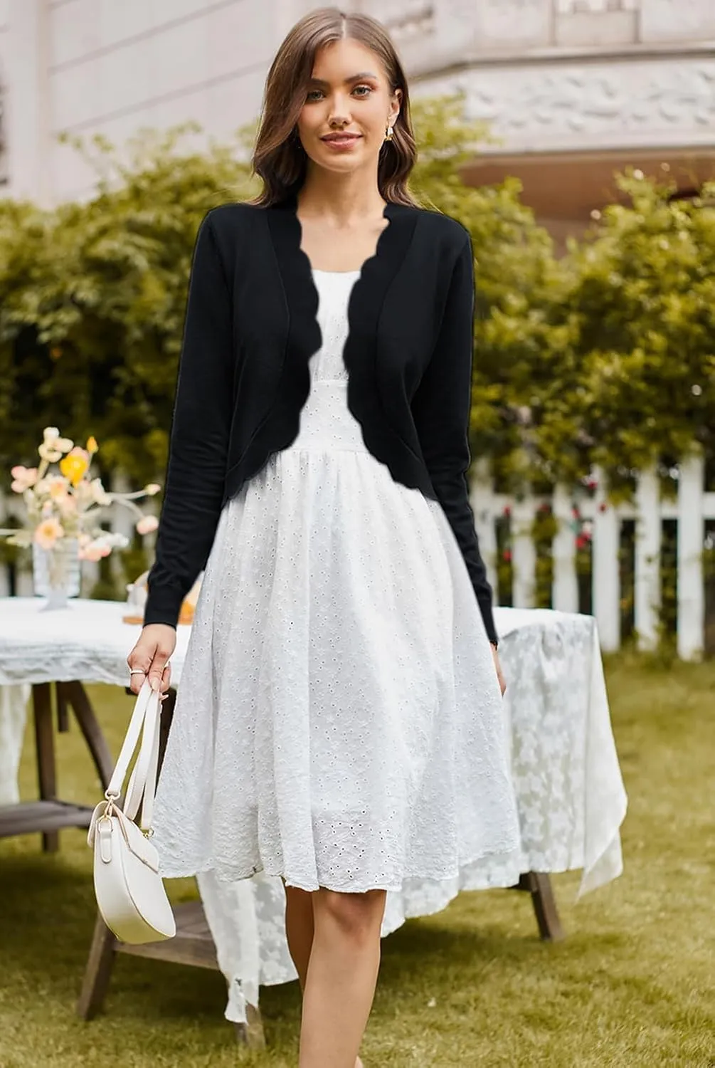 KANCY KOLE Women's Cropped Cardigan Scalloped Bolero Sweater Lightweight Knit Shrugs for Dresses S-XXL
