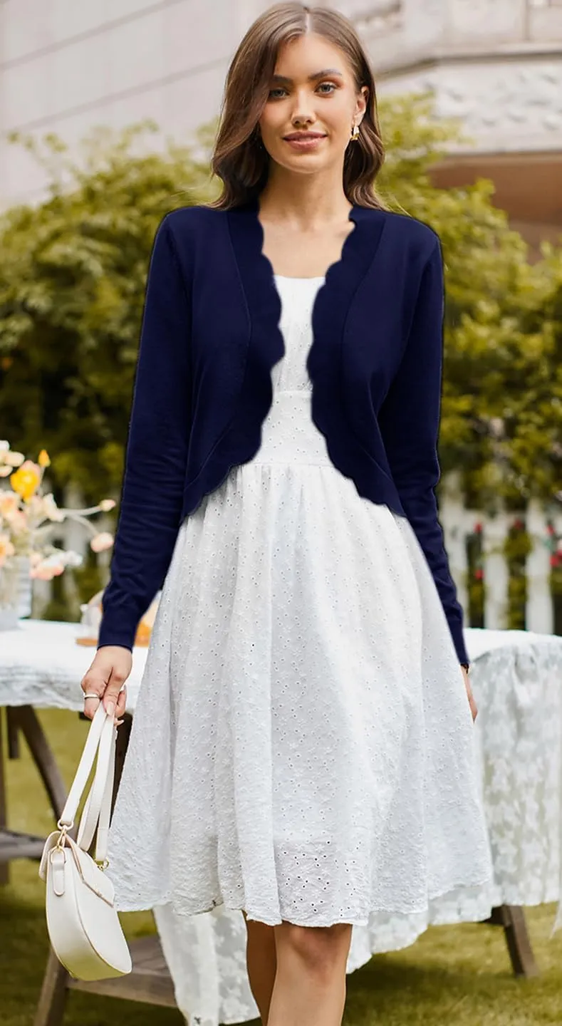 KANCY KOLE Women's Cropped Cardigan Scalloped Bolero Sweater Lightweight Knit Shrugs for Dresses S-XXL
