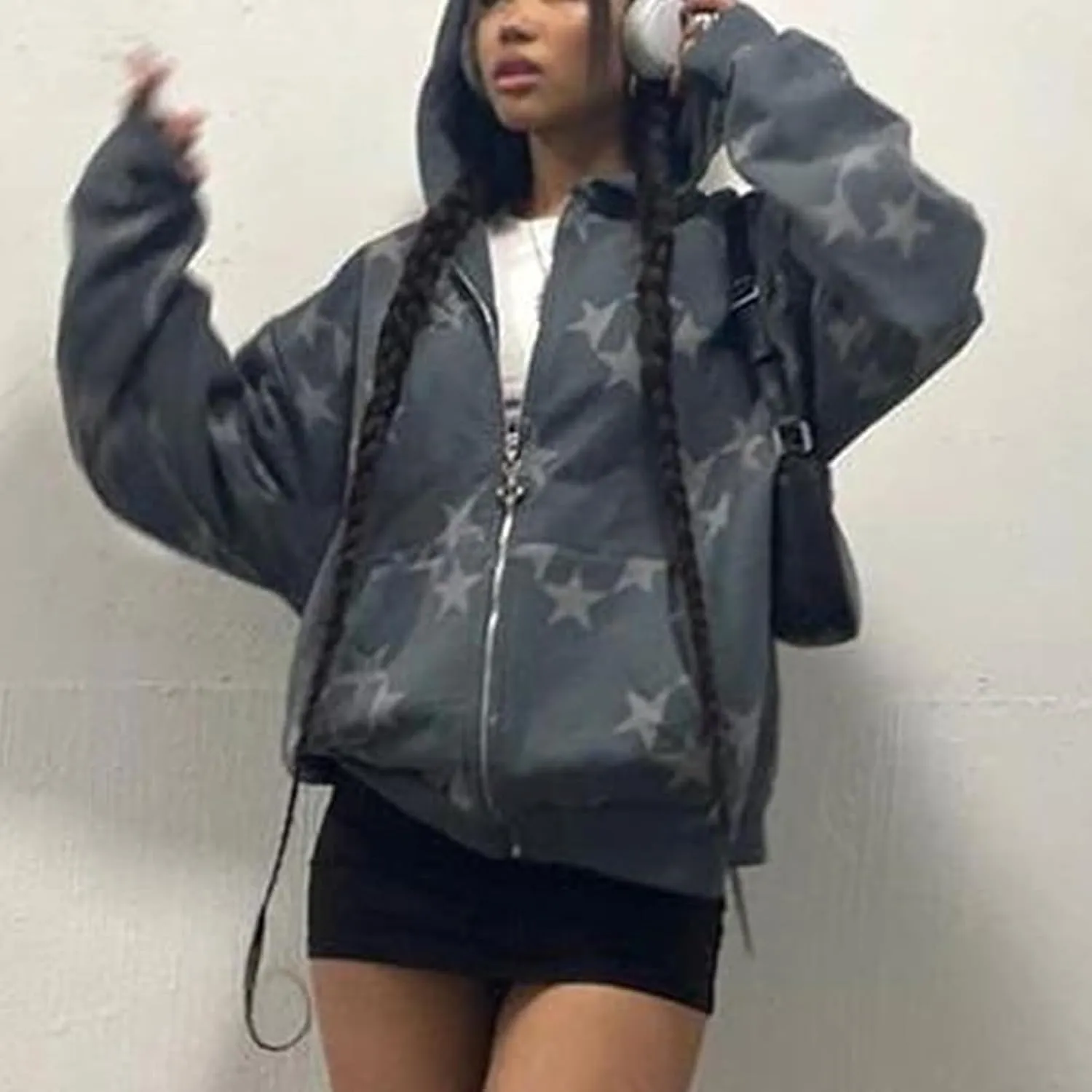Karwuiio Women Y2k Zip Up Hoodies Star Graphic Long Sleeve Jackets Hip Hop Harajuku Oversized Hooded Sweatshirt