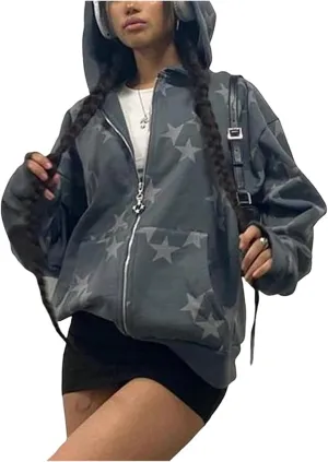 Karwuiio Women Y2k Zip Up Hoodies Star Graphic Long Sleeve Jackets Hip Hop Harajuku Oversized Hooded Sweatshirt