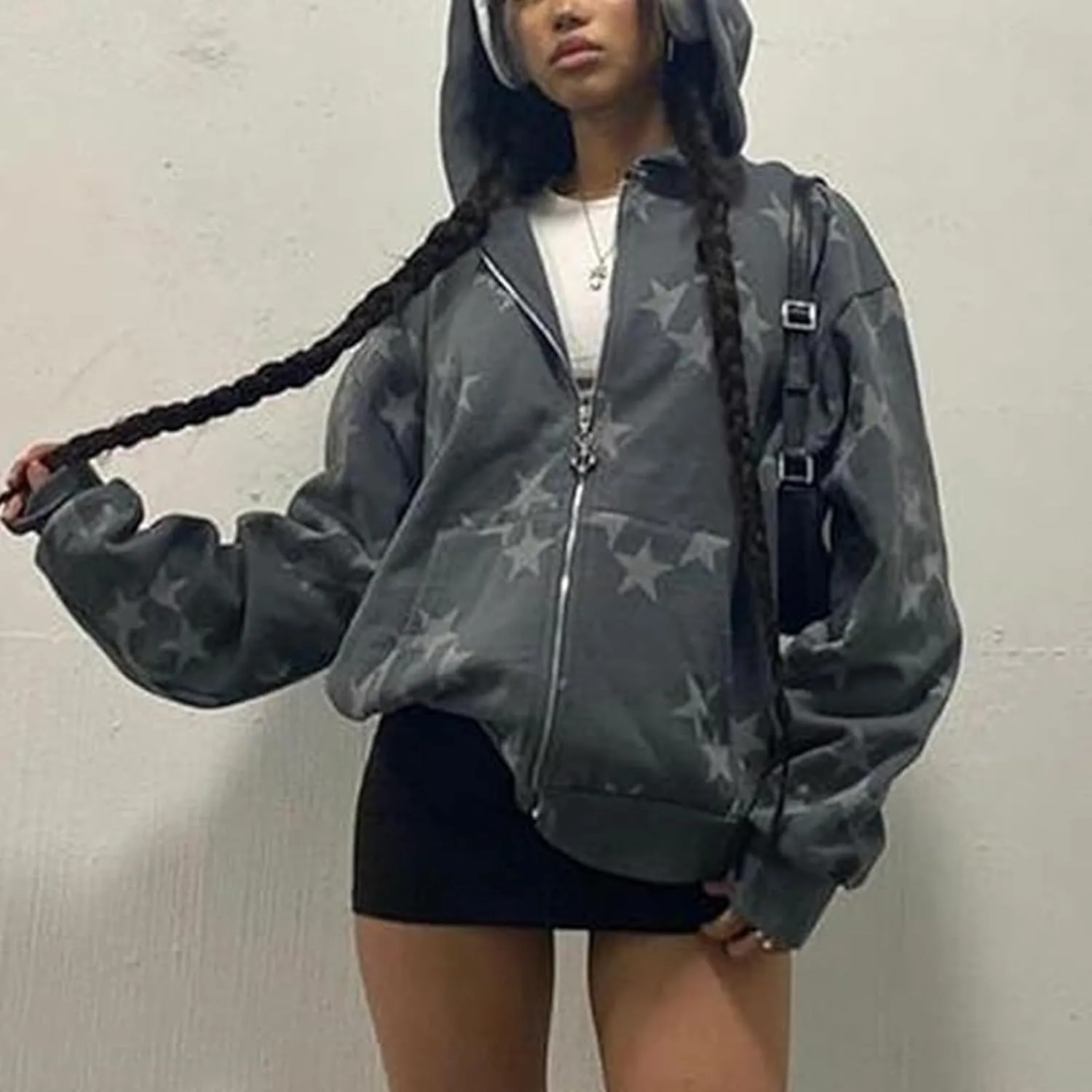 Karwuiio Women Y2k Zip Up Hoodies Star Graphic Long Sleeve Jackets Hip Hop Harajuku Oversized Hooded Sweatshirt