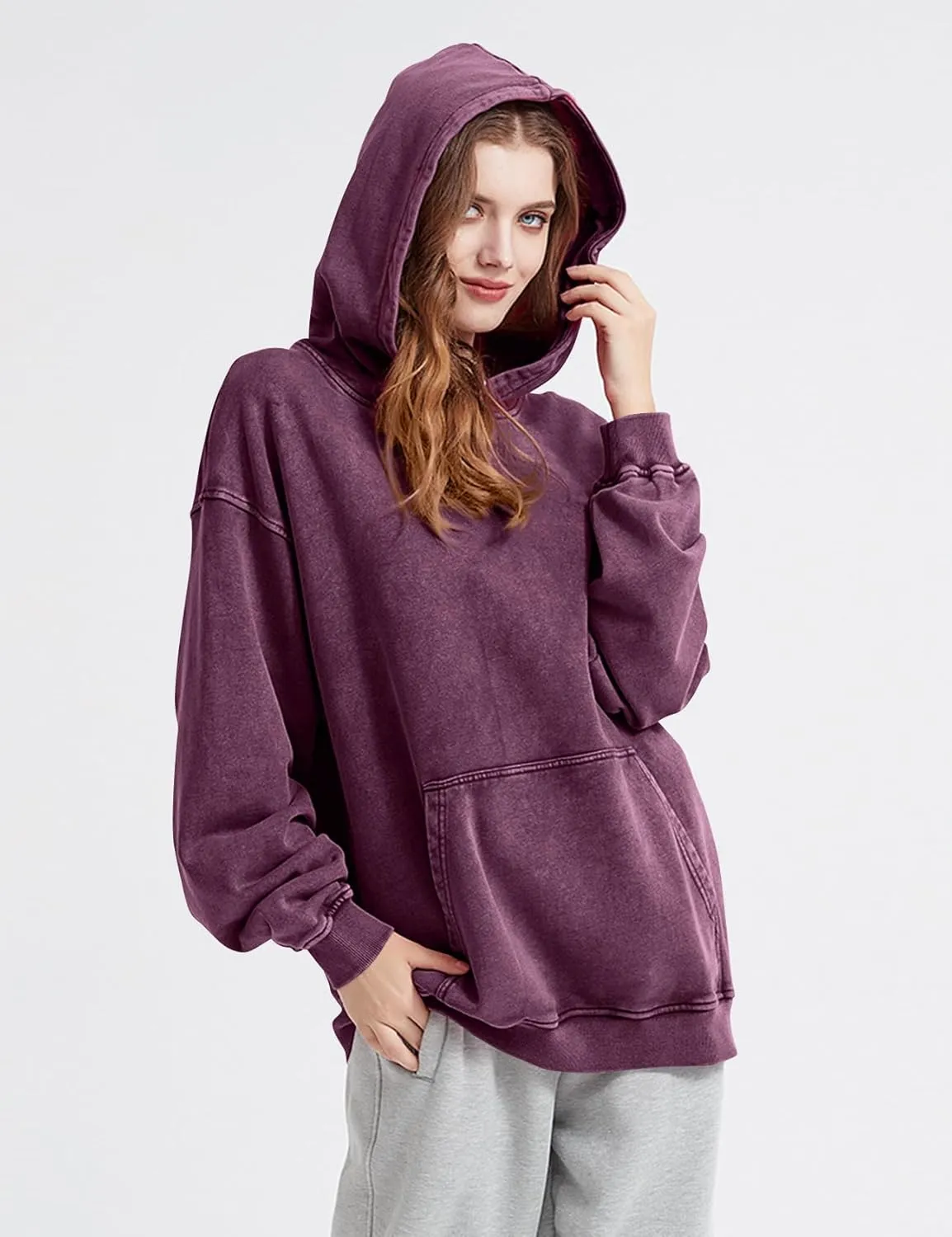 Kissonic Womens Acid Wash Hoodie Vintage Pullover Fashion Heavyweight Hooded Basic Couples Streetwear Sweatshirts