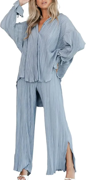 Kissonic Womne's Two Piece Outfits Pleated Long Sleeve Button Down Shirts High Waist Long Pants
