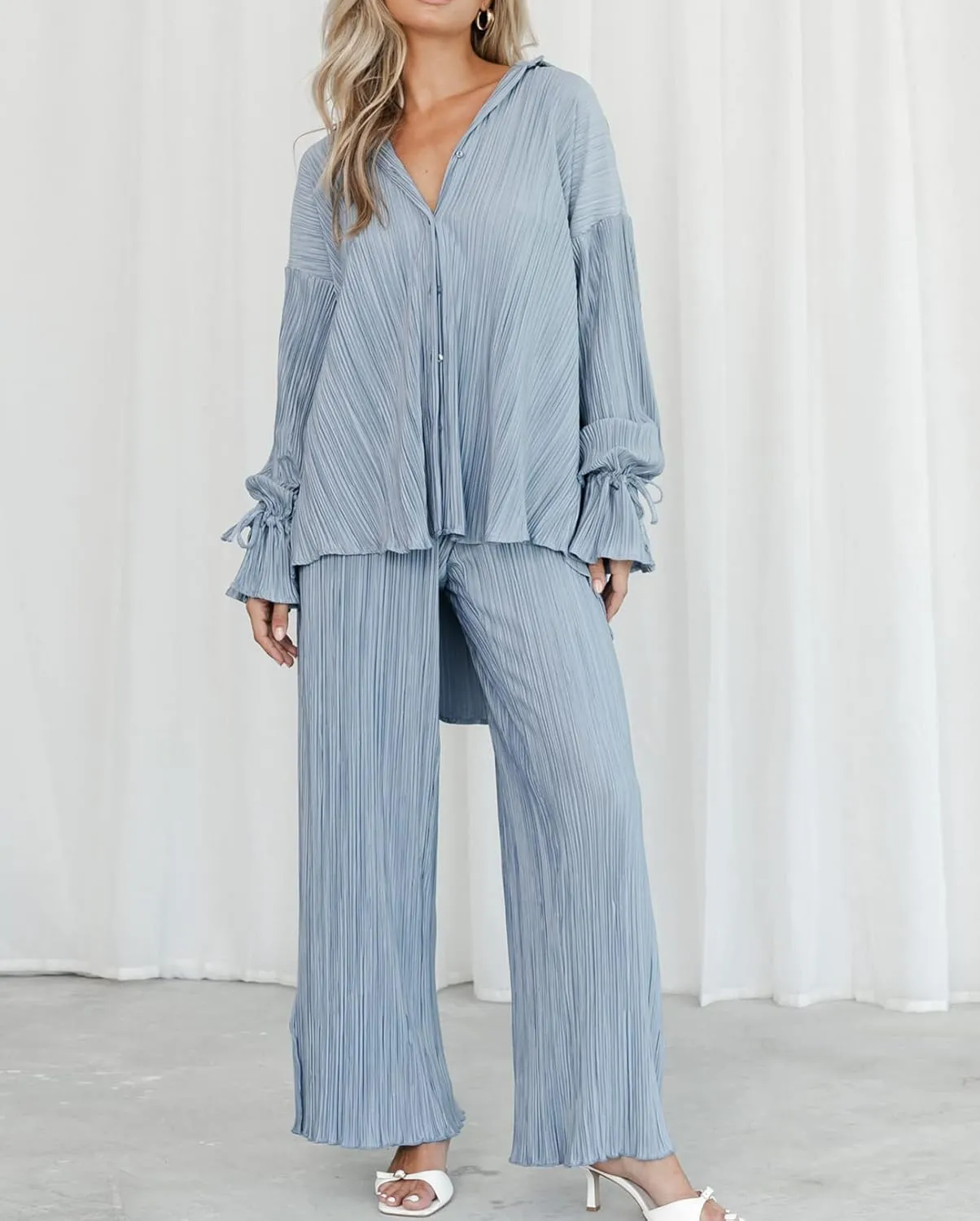 Kissonic Womne's Two Piece Outfits Pleated Long Sleeve Button Down Shirts High Waist Long Pants