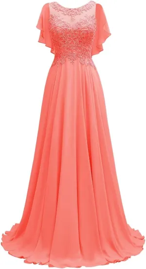 Lace Chiffon Mother of The Bride Dresses Long for Women Beaded Scoop Neck Bridesmaid Dresses Cape Sleeve Formal Evening Gown