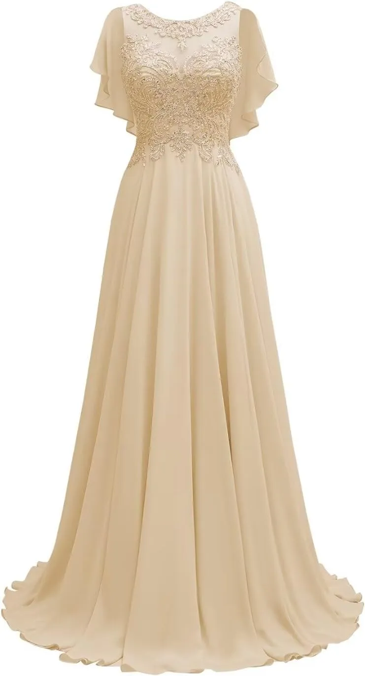 Lace Chiffon Mother of The Bride Dresses Long for Women Beaded Scoop Neck Bridesmaid Dresses Cape Sleeve Formal Evening Gown