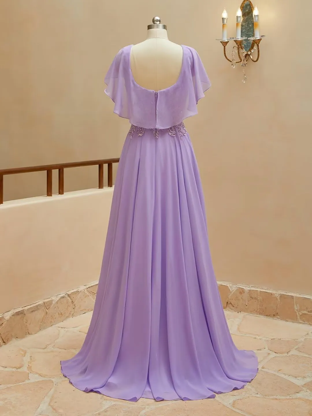 Lace Chiffon Mother of The Bride Dresses Long for Women Beaded Scoop Neck Bridesmaid Dresses Cape Sleeve Formal Evening Gown