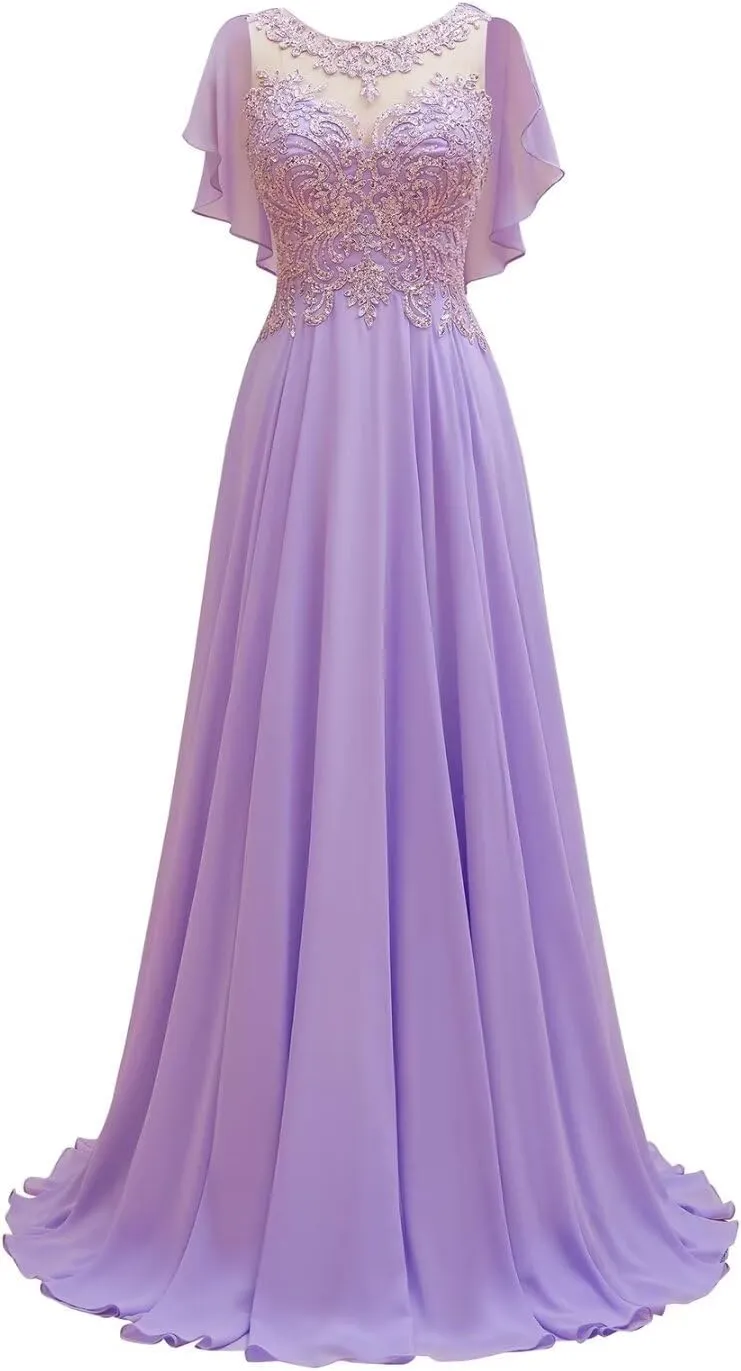 Lace Chiffon Mother of The Bride Dresses Long for Women Beaded Scoop Neck Bridesmaid Dresses Cape Sleeve Formal Evening Gown