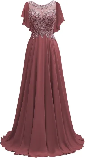 Lace Chiffon Mother of The Bride Dresses Long for Women Beaded Scoop Neck Bridesmaid Dresses Cape Sleeve Formal Evening Gown